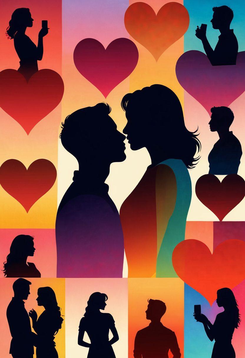 An engaging and modern collage featuring various silhouettes of diverse couples in intimate poses, surrounded by playful icons representing adult content like hearts, lips, and video play buttons; a vibrant backdrop with soft gradients to evoke a sense of warmth and passion. super-realistic. vibrant colors. 3D.